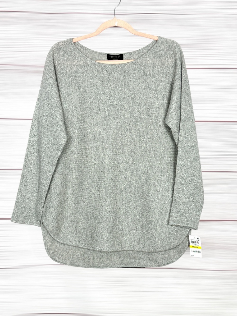 Charter Club Luxury Cashmere Sweater M Gray Metallic Shimmer Dolman High Low NWT